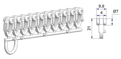 Rollengleiter mit Längsöse, Höhe 21 mm, für -U- Schiene (Streifen von 10 Stück)