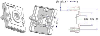=Square rose 50x50x10 mm, self-tapping screw holes with nuts, hole d 14 mm, neck d 24 mm, with hexagon 17 mm for door knob=