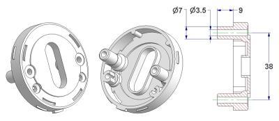 =Roseta bocallave d 52x10 mm, agujeros salientes para tornillos autorroscantes, agujero OB (ovalado) 10,5x24 mm=