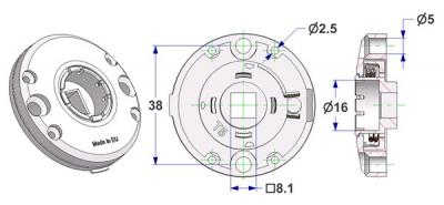 Spring-loaded bulged rosette d 47,5x11 mm, screw head holes without nuts, hole d 16 mm, without neck, square 8 mm