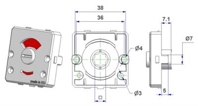 Vierkantige Rosette45x45x10 mm, Schraubenkopflöcher mit Nocken, mit frei-besetzt Handrad Vierkant 6 mm, Sockelhöhe 12 mm