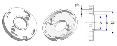 Roseta d 50x7 mm, agujeros afeitados para cabeza tornillo, agujero -A- d 16 mm, cuello -B- d 21 mm, para muelle, para cerraduras Boda