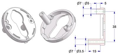 =Schlüsselrosette d 50x7 mm mit Zapfen, Schraubkopfloch und selbstschneidende Schraubloch mit Nocken 15 mm, PZ Lochung (Yale)=