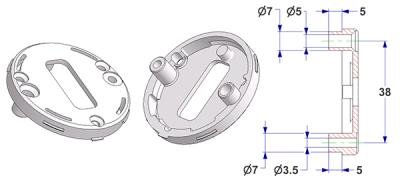 Schlüsselrosette d 50x7 mm mit Zapfen, Schraubkopfloch und selbstschneidende Schraubloch mit Nocken, OB Lochung (oval)