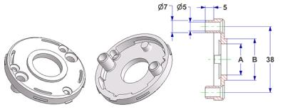 Rosette d 50x7 mm with tab, screw head holes with nuts, hole -A- d 16 mm, neck -B- d 24 mm, for spring