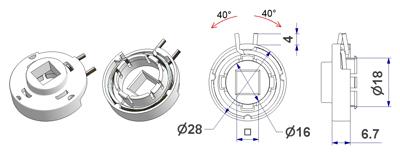 Support à clip T5 d 28x6,7 mm avec ressort droite-gauche jambe 6 mm, trou d 16 mm, carré 7 mm