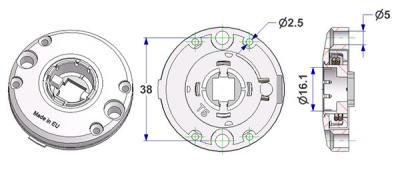 Roseta d 47,5x11 mm, convexa, agujeros afeitados para testa tornillo, agujero d 16 mm, sin cuello, con muelle derecha-izquierda, para manilla fresada