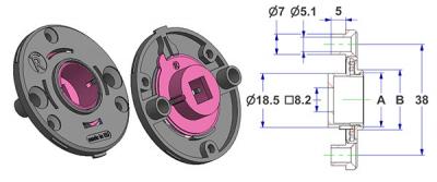 Spring-loaded rosette d 50x5 mm, screw head holes with nuts, hole -A- d 16 mm, neck -B- d 21 mm, with RIGHT spring, square -C- 8 mm