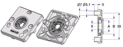 Roseta cuadrada 50x50x7 mm, agujeros salientes para cabeza tornillo, agujero -A- d 16 mm, sin cuello, con muelle derecha-izquierda, para manilla fresada