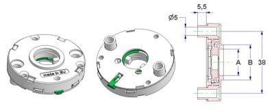 Roseta redonda d 50x10 mm, agujeros salientes para cabeza tornillo, agujero -A- d 16 mm, cuello -B- d 21 mm, con muelle derecha-izquierda, para montaje por clips manilla fresada