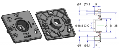 Vierkantige Rosette 50x50x5 mm, Schraubkopfloch und selbstschneidende Schraubenloch mit Nocken, Lochung -A- d 16 mm, Hals -B- d 21 mm, mit LINKS Feder, Vierkant -C- 8 mm